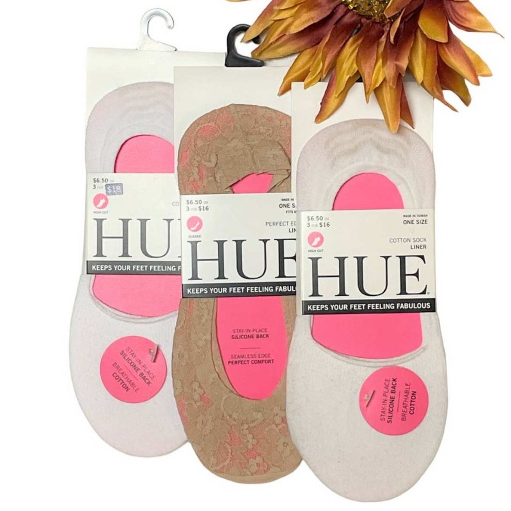HUE Women's High Cut Resort & Lace Perfect Edge Liner Socks Set of 3